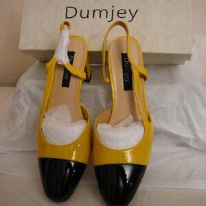 Dumjey Yellow & Black Cap Toe Slingback 2.5" Chunky Heel Dress Pumps-Size 6-NIB